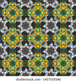 Vector seamless geometric pattern of yellow, gray and blue tiles.