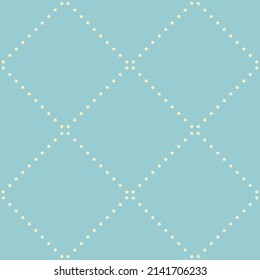 Vector seamless geometric pattern with yellow stars in square line cross stitch on pastel green background 