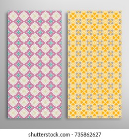 Vector seamless geometric patterns set. Colorful repeating texture for paper, textile fabric print. Vertical borders, backgrounds collection. Graphic ornament, design for book cover, card, invitation
