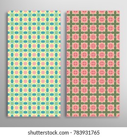 Vector seamless geometric patterns set. Colorful repeating texture for paper, textile fabric print. Vertical borders, backgrounds collection. Graphic ornament, design for book cover, card, invitation.