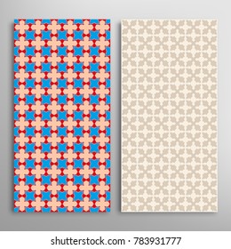 Vector seamless geometric patterns set. Colorful repeating texture for paper, textile fabric print. Vertical borders, backgrounds collection. Graphic ornament, design for book cover, card, invitation.