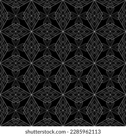 Vector seamless geometric pattern.Smooth lines. Black background, white lines.A texture with a monochrome lattice.Fashionable geometric grid.The pattern is made in the Art Nouveau and Art Deco style.