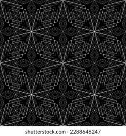 Vector seamless geometric pattern.Smooth lines. Black background, white lines.A texture with a monochrome lattice.Fashionable geometric grid.The pattern is made in the Art Nouveau and Art Deco style.