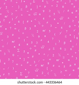 Vector seamless geometric pink background. Mathematical pattern of white numbers, symbols and figures.