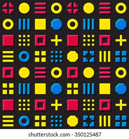 Vector Seamless Geometric Primitive Blocks Grid In Cyan Magenta and Yellow Colors Overprint Retro Pattern on Black Background