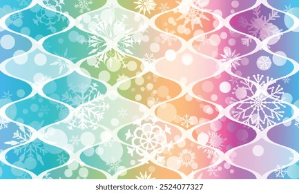 Vector seamless geometric rainbow pattern of shapes with snowflakes. 
