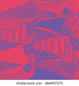 Vector seamless geometric red and blue pattern with a set of different shapes filled with dots, circles, stripes, lines and curls