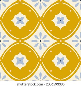 Patrón de baldosas florales sin forma geométrica vectora en colores azul y amarillo mostaza