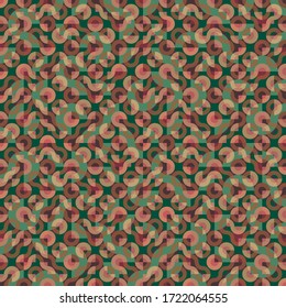 Vektornahtlose geometrische Formen. Unregelmäßiges Truchet-Muster in Rot, Bordeaux, Orange, Rosa und Grün. Ideal für Stoffe im Innenbereich, Tapeten und Mode. 