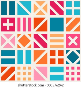 Vector Seamless Geometric Square Irregular Quilt Tiling Pattern in Pink Blue and Orange Background