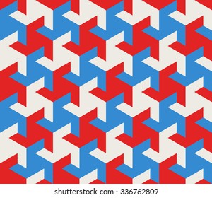 Vector Seamless Geometric Triangle Tessellation Blue Red White Shapes Tiling Pattern Abstract Background