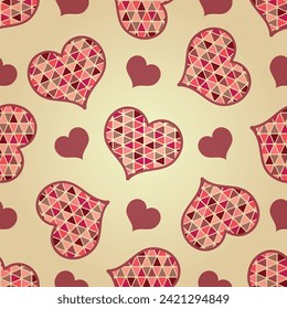 vector seamless geometric Valentine pattern with triangle hearts on gold background