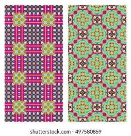 Vector seamless geometric vertical patterns collection. Colorful seamless backgrounds set, endless print graphic texture for textile or paper. Tribal ethnic arabic, indian, turkish, ottoman ornament