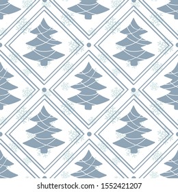 Vector seamless geometric winter pattern with christmas trees on white background; holiday design for greeting card, gift box, wallpaper, fabric, web design.