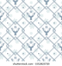 Vector seamless geometric winter pattern with christmas deers on white background; holiday design for greeting card, gift box, wallpaper, wrapping paper, fabric, web design.