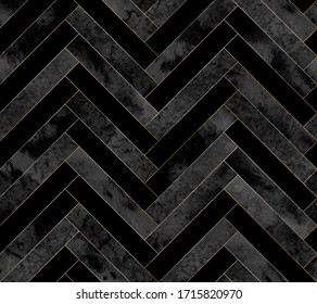 Vector seamless geometric zigzag pattern with gray watercolor and gold lines. Modern chic abstract herringbone texture on black background  