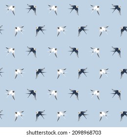 Vector seamless geometrical ditsy pattern with swallow birds. Simple and elegant pattern on heaven blue background.