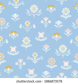 Vector seamless geometrical folk floral pattern on a pastel blue background 