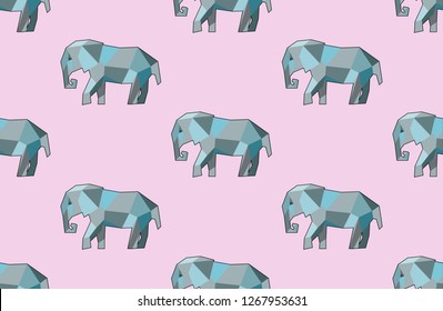 Vector seamless geometrical pattern with elephant on pink background