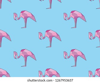 Vector seamless geometrical pattern with flamingo on blue background