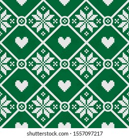 Vector seamless geometrical pattern with white knitted snowflakes on green background; winter design for greeting card, gift box, wallpaper, wrapping paper, web design.