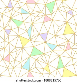 Vector seamless geometry wire pattern, triangle mosaic in gold and pastel colors. Geometric background for fabric, scrapbooking, wallpaper, wrapping.