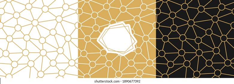 Vector seamless geometry wire pattern, triangle and ring mosaic in gold, black and white colors. Geometric background for fabric, scrapbooking, wallpaper, wrapping.