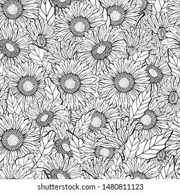 Vector seamless gerbera Daisy pattern. Graphic hand drawing black line, realistic style. Floral Botanical illustration. Retro style. Design for textiles, packaging, Wallpaper. Coloring, zentangle.