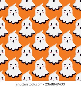 Vector seamless ghosts pattern. Texture with white Halloween ghost on orange background. Background with mystical creatures. Vector illustration in flat style