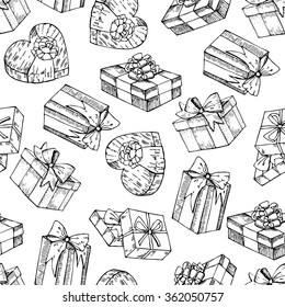 Vector seamless gift box pattern. Hand drawn illustrations. Great for birthday, xmas and valentine day.