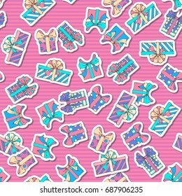 Vector seamless gifts pattern. Set of patches, stickers, embroidery and sticky labels with various gifts on bright striped background. Great for wrapping paper. 80s-90s style design.