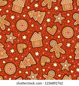 Vector seamless gingerbread pattern on the red background