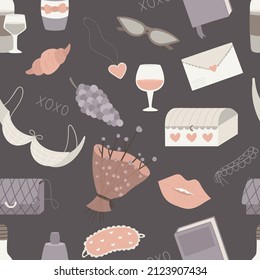 Vector seamless girlish pattern. Women's doodle elements for valentines day.