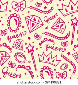 Vector seamless girly pattern of jewelry and decorations in pink and light creamy colors