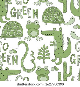 Vector Seamless Go Green Pattern with savannah animals