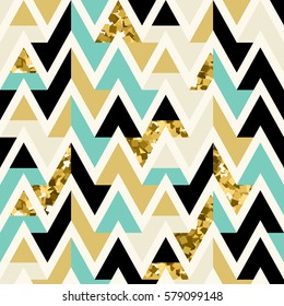 Vector seamless gold, black and blue triangular glitter pattern. Trendy hipster modern abstract background