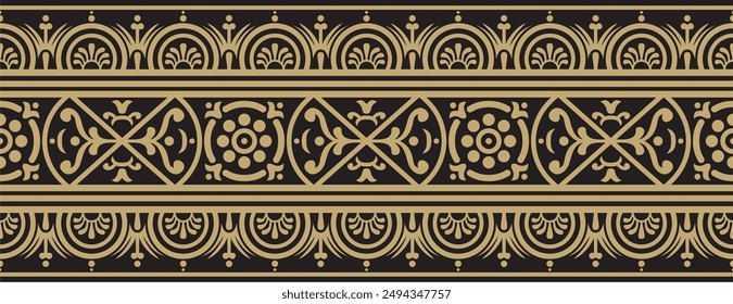 Vector seamless gold and black border, Pompeii frame. Endless Neopolitan ornament. Art of Ancient Rome.
