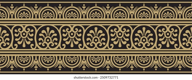 Vector seamless gold and black border, Pompeii frame. Endless Neopolitan ornament. Art of Ancient Rome.
