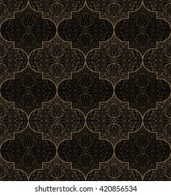 Vector seamless gold and black pattern with art ornament. Vintage elements for design in Eastern style. Ornamental lace background. Ornate floral decor for wallpaper. Endless texture