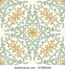 Vector seamless gold and blue pattern with art ornament. Vintage elements for design in Victorian style. Ornamental baroque background. Ornate floral decor for wallpaper. Endless texture