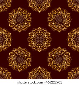 Vector Seamless Gold Floral Mandala Pattern over dark brown background
