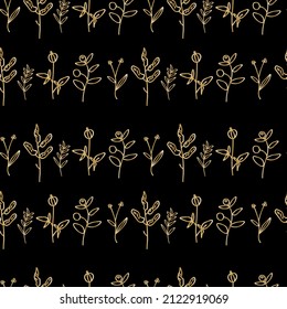 Patrón floral de oro sin fisuras vectorial sobre fondo aislado negro. Primavera, abstracto, de impresión botánica pintada a mano.Diseños para la reserva de recortes, embalaje, papel de envoltura, medios sociales, textiles, tela.
