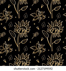 Vector seamless gold floral pattern on black isolated background. Spring, abstract,botanical print hand painted.Designs for scrapbooking, packaging, wrapping paper, social media, textiles, fabric.