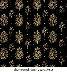 Vector seamless gold floral pattern on black isolated background. Spring, abstract,botanical print hand painted.Designs for scrapbooking, packaging, wrapping paper, social media, textiles, fabric.