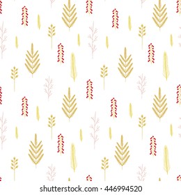 Vector seamless gold floral pattern. Botanical background with a tree branch, fir, twig and berries.