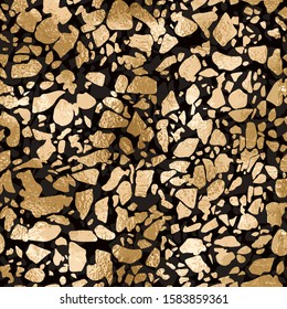 Vector seamless gold foil terrazzo flooring trendy pattern. Luxury stone abstract texture on black background 