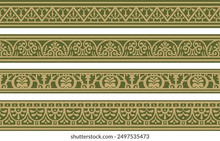 Vector seamless gold with green border, Pompeii frame. Endless Neopolitan ornament. Art of Ancient Rome.
