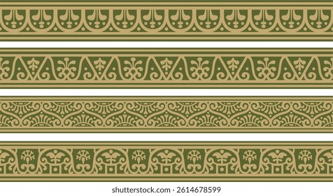 Vector seamless gold with green border, Pompeii frame. Endless Neopolitan ornament. Art of Ancient Rome.
