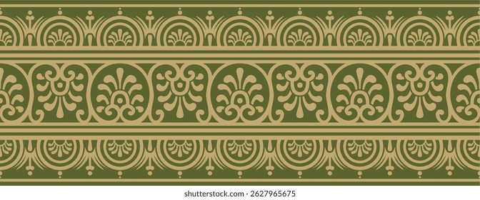 Vector seamless gold with green border, Pompeii frame. Endless Neopolitan ornament. Art of Ancient Rome.
