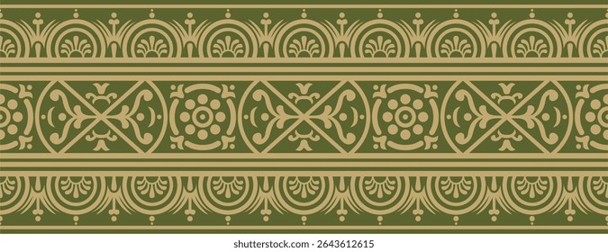 Vector seamless gold with green border, Pompeii frame. Endless Neopolitan ornament. Art of Ancient Rome.
